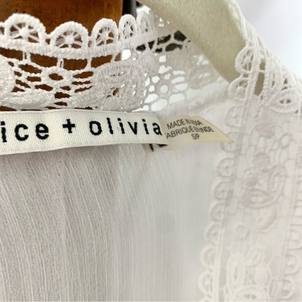 Alice + Olivia Jaden Lace Trimmed Bell Sleeve Sheer Gauze White Tunic Top Blouse - Picture 9 of 16